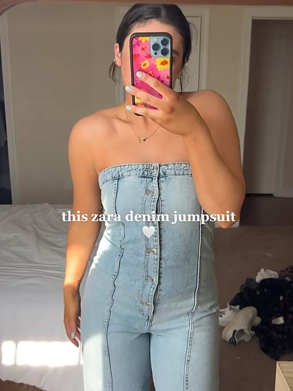 ZARA Light Wash Strapless Wide Leg Denim Jumpsuit Size L Button Down Y2K